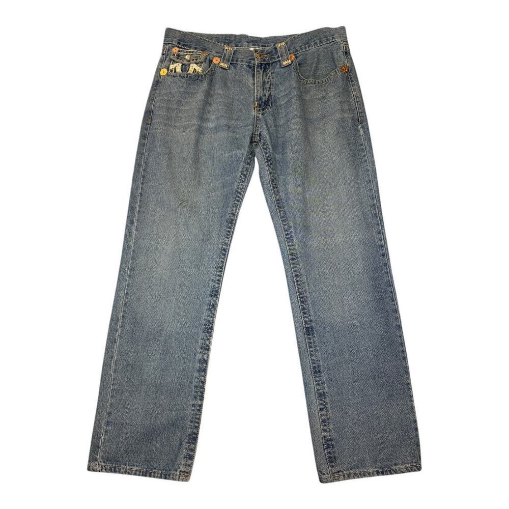 True Religion Men's Straight Jeans Joey Super‎ T Blue Size 38 Iconic Stitching